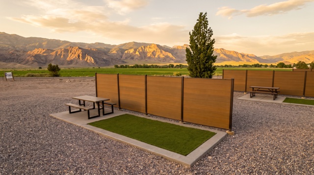 Turf pads and picnic tables at golden hour